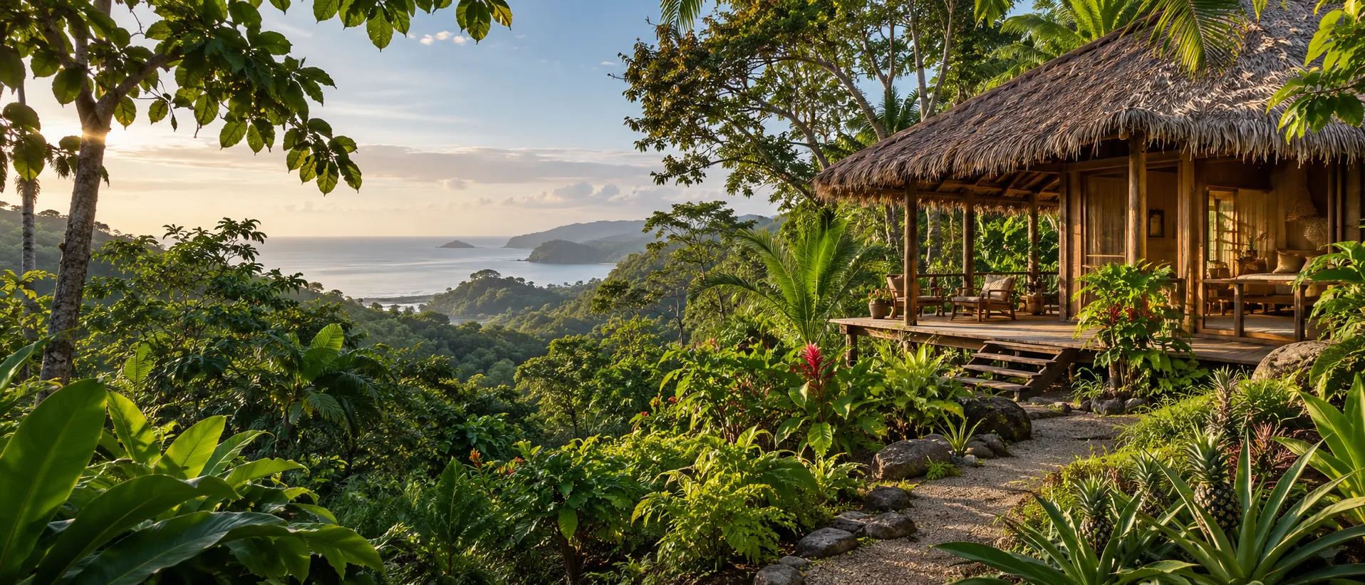 Concept image of a palm-roofed cabin amid tropical greenery overlooking the Pacific