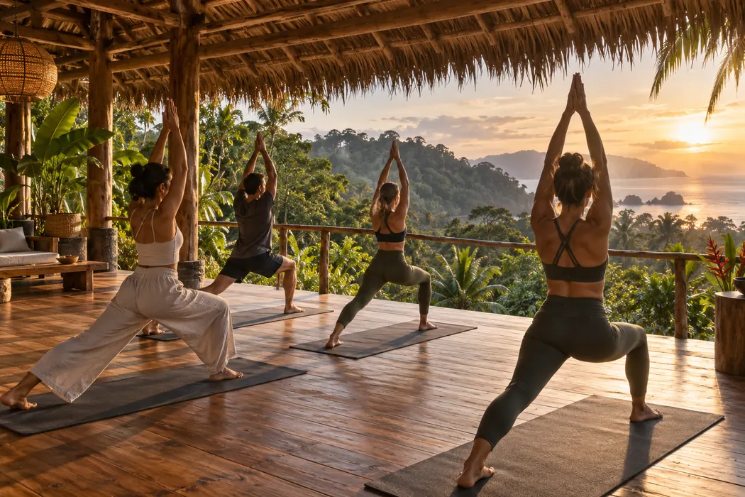 Illustrative sunrise yoga beneath a palm roof